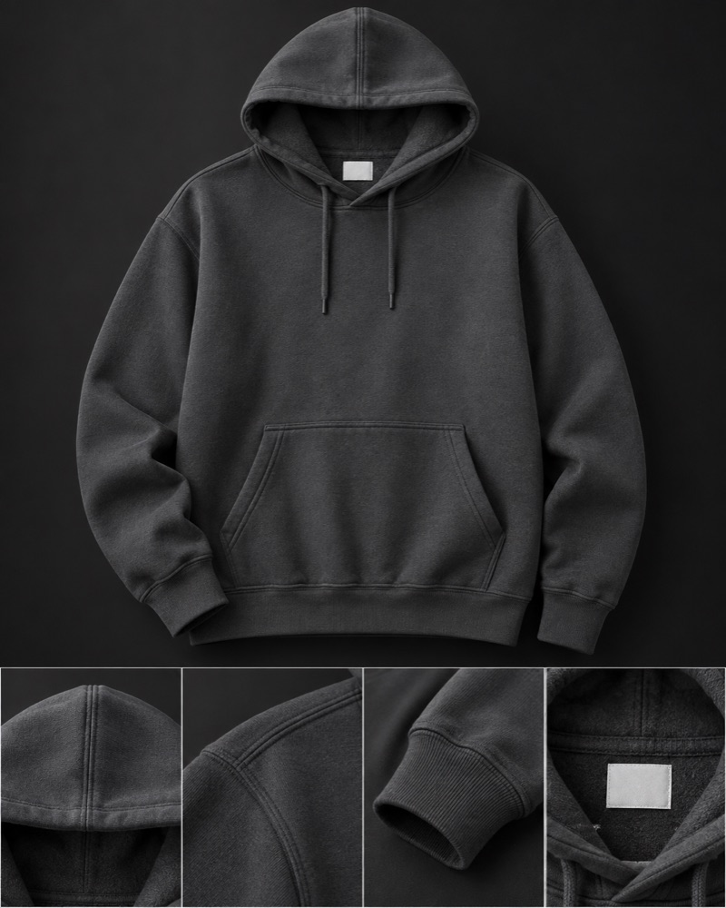 Hoodie seam and label check teaching illustration, not a product listing or QC record