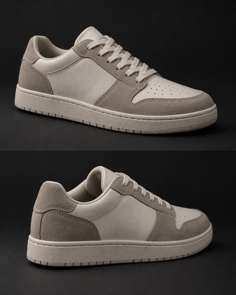 Sneaker shape and seam check teaching illustration, not a product listing or QC record